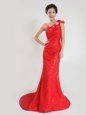Low Price One Shoulder Sleeveless Sequined Celebrity Dresses Sequins and Bowknot Sweep Train Zipper