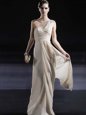 Champagne Column/Sheath Chiffon One Shoulder Sleeveless Ruching Floor Length Criss Cross Evening Dress