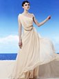 Attractive One Shoulder Champagne Sleeveless Beading and Ruching Floor Length Evening Dress