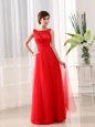 Coral Red Empire Scoop Sleeveless Tulle Floor Length Zipper Beading and Appliques Prom Evening Gown