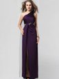 Sumptuous Purple Column/Sheath Elastic Woven Satin One Shoulder Sleeveless Beading Floor Length Criss Cross Prom Dress
