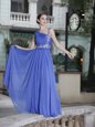 Ideal Blue Chiffon Side Zipper One Shoulder Sleeveless Floor Length Hand Made Flower