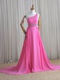 Perfect One Shoulder Column/Sheath Sleeveless Rose Pink Celebrity Style Dress Brush Train Lace Up