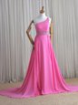 Perfect One Shoulder Column/Sheath Sleeveless Rose Pink Celebrity Style Dress Brush Train Lace Up