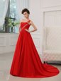 Sophisticated One Shoulder Red Sleeveless Silk Like Satin Court Train Zipper Red Carpet Gowns for Prom and Party