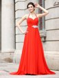 Coral Red Chiffon Zipper Spaghetti Straps Sleeveless Dress for Prom Brush Train Beading