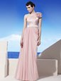 Pink One Shoulder Side Zipper Ruching and Hand Made Flower Prom Dress Sleeveless