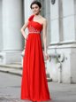 Coral Red Zipper One Shoulder Beading and Ruching Chiffon Sleeveless