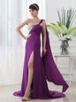 Attractive One Shoulder Purple Elastic Woven Satin Zipper Prom Party Dress Sleeveless With Brush Train Beading and Sashes|ribbons