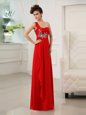 Red Prom Evening Gown Prom and Party and For with Beading and Appliques and Ruching One Shoulder Sleeveless Zipper