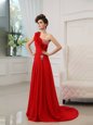 Customized Red Column/Sheath One Shoulder Sleeveless Satin With Train Court Train Zipper Beading and Hand Made Flower Celebrity Inspired Dress