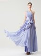 Fashionable One Shoulder Chiffon Sleeveless Floor Length Homecoming Dress and Ruching and Bowknot