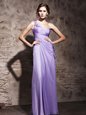 Colorful Chiffon One Shoulder Sleeveless Side Zipper Beading and Ruching Prom Gown in Lavender