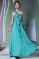 Fantastic One Shoulder Sleeveless Floor Length Lace and Hand Made Flower Side Zipper Homecoming Dress with Teal