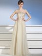 Fancy Sleeveless Chiffon and Tulle Floor Length Side Zipper Dress for Prom in Champagne for with Appliques