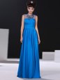 Cheap Scoop Blue Column/Sheath Beading and Ruching Prom Party Dress Zipper Silk Like Satin Sleeveless Floor Length