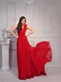 Fancy One Shoulder Sleeveless Court Train Lace Up Red Silk Like Satin