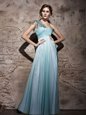 Light Blue Empire One Shoulder Sleeveless Chiffon Floor Length Side Zipper Beading and Ruching Dress for Prom