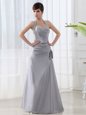 Colorful Grey Lace Up Halter Top Beading and Ruching Dress for Prom Satin Sleeveless