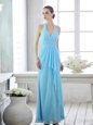 Baby Blue Chiffon Lace Up Halter Top Sleeveless Ankle Length Prom Evening Gown Ruffles and Ruching
