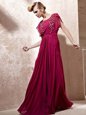 Fuchsia Column/Sheath Scoop Cap Sleeves Chiffon Floor Length Zipper Beading Prom Gown