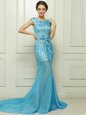 Mermaid Chiffon Bateau Sleeveless Brush Train Zipper Beading and Appliques Prom Evening Gown in Baby Blue