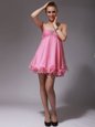 Rose Pink A-line Chiffon Sweetheart Sleeveless Ruching Mini Length Zipper Prom Gown