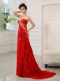 Sexy Red Column/Sheath Beading and Appliques and Ruffled Layers Celeb Inspired Gowns Zipper Chiffon Sleeveless With Train