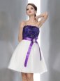 Latest White And Purple Chiffon Zipper Cocktail Dresses Sleeveless Knee Length Beading and Sashes|ribbons