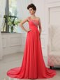 Watermelon Red One Shoulder Zipper Beading Celebrity Evening Dresses Brush Train Sleeveless