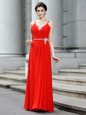 Sleeveless Chiffon Floor Length Zipper Dress for Prom in Coral Red for with Beading