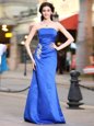 Blue Column/Sheath Strapless Sleeveless Taffeta Floor Length Zipper Appliques and Ruching Prom Party Dress