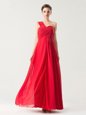 Gorgeous One Shoulder Red Sleeveless Chiffon Zipper Homecoming Dress for Prom and Party