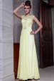 Vintage Scoop Light Yellow Cap Sleeves Beading and Hand Made Flower Floor Length Prom Dresses