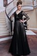 Black Chiffon Zipper V-neck 3|4 Length Sleeve Floor Length Beading