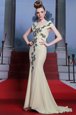 Flare Mermaid Light Yellow Chiffon Side Zipper V-neck Cap Sleeves With Train Celebrity Dresses Brush Train Embroidery