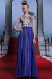 Fancy Scoop Cap Sleeves Evening Dress Floor Length Embroidery and Sequins Royal Blue Chiffon
