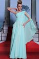 Luxury One Shoulder Turquoise Column/Sheath Lace and Ruching Prom Dresses Side Zipper Chiffon Sleeveless Floor Length