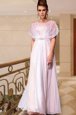 Scoop Pink Chiffon Side Zipper Dress for Prom Cap Sleeves Ankle Length Beading