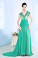 Artistic Turquoise Column/Sheath Beading and Lace and Ruching Red Carpet Gowns Side Zipper Chiffon Cap Sleeves With Train