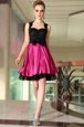 Classical Knee Length Side Zipper Prom Party Dress Pink And Black and In for Prom and Party with Beading