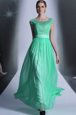 Artistic Turquoise Empire Chiffon Scoop Cap Sleeves Beading Floor Length Side Zipper Prom Party Dress