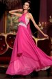 Top Selling Halter Top Sleeveless Chiffon Floor Length Zipper Celebrity Style Dress in Hot Pink for with Beading and Lace