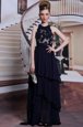 Scoop Floor Length Black Prom Party Dress Chiffon Sleeveless Beading and Lace