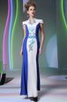 Blue And White Column/Sheath Embroidery Prom Evening Gown Zipper Chiffon Cap Sleeves Floor Length