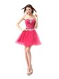 Sexy Coral Red Organza Lace Up Prom Dress Sleeveless Knee Length Beading