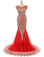 Deluxe Scoop Zipper Red Carpet Gowns Red and In for Prom and Party with Beading and Lace Brush Train