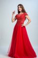 Romantic Red A-line Tulle Bateau Cap Sleeves Lace Floor Length Zipper Evening Dress