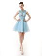 Light Blue A-line Scoop Sleeveless Chiffon Knee Length Zipper Beading and Sashes|ribbons Prom Dresses