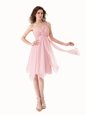 Deluxe One Shoulder Sleeveless Knee Length Beading and Ruffles Lace Up Evening Dress with Baby Pink